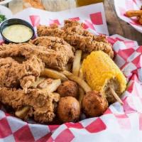 Chicken Tender Basket · Seasoned fries, cob corn, honey mustard.