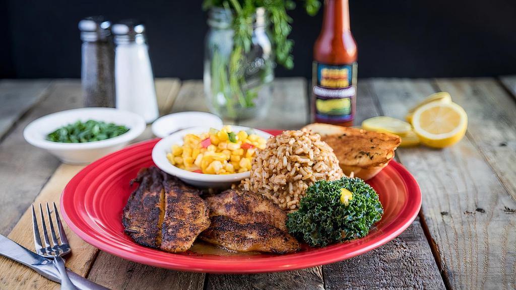 Blackened Plates · Cajun seasoned over buttery meuniere sauce. With dirty rice and vegetables.