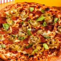 Angry Pepperoni Pizza · Prepare for some serious heat, with pickled jalapenos, roasted garlic, chili flake, and fres...