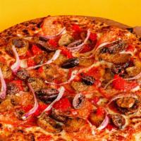 Omnivore Pizza · Marinara, roasted peppers, fresh tomatoes, red onions, kalamata olives, mushrooms, pepperoni.