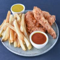 Hand Breaded Chicken Tenders · Hand Breaded chicken tenders and fries, served with ketchup and Ranch