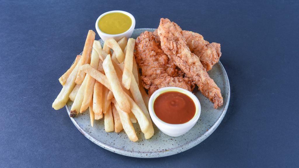 Hand Breaded Chicken Tenders · Hand-breaded chicken tenders and fries, served with ketchup and ranch.