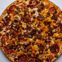 Meat Lovers · pepperoni, ham, Italian sausage, beef, bacon, cheddar.