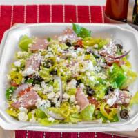 Greek Salad · lettuce, ham, feta, tomatoes, onion, green peppers, black olives, pepperoncini, served with ...