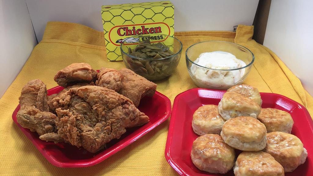 12 Pieces Fried Chicken Family Meal · Served with two large sides and six pieces of rolls or biscuits.