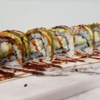 Dragon Roll · Crab mix and cucumber topped with ell and avocado drizzled with eel sauce.