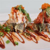 Papa Special Roll (5 Pieces) · Crab Meat and Cream Cheese, wrapped in Rice and Seaweed Paper,  Tempura Fried, topped with C...