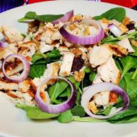 Spinach Salad · A delicious healthy alternative. Fresh spinach leaves served with dried cranberries, red oni...