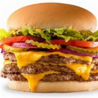 Triple-Buster® With Cheese · Three 1/4 lb. grilled beef patties topped with crisp lettuce, ripe tomatoes, purple onions, ...