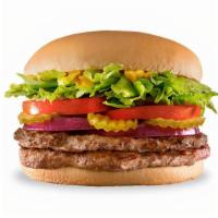 Belt-Buster · Two 1/4 lb. grilled beef patties topped with crisp lettuce, ripe tomatoes, purple onions, ta...