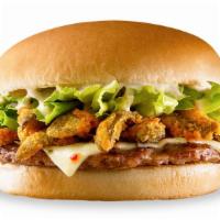 Jalitos Ranch Hungr Buster · One 100% beef burger topped with jalapeño ranch, lettuce, jalitos (fried jalapeño strips) an...