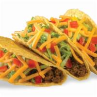 Tacos (3) · Three crispy tacos with taco meat, shredded cheddar cheese, lettuce, tomatoes, and taco sauce.