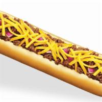 Extra Long Chili Cheese Dog · Mustard, onions, chili and shredded cheese, extra long hot dog
