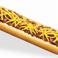 Extra Large Chili Cheese Dog · Extra long hot dog, topped with chili, grated cheddar cheese, mustard, and chopped red onions.