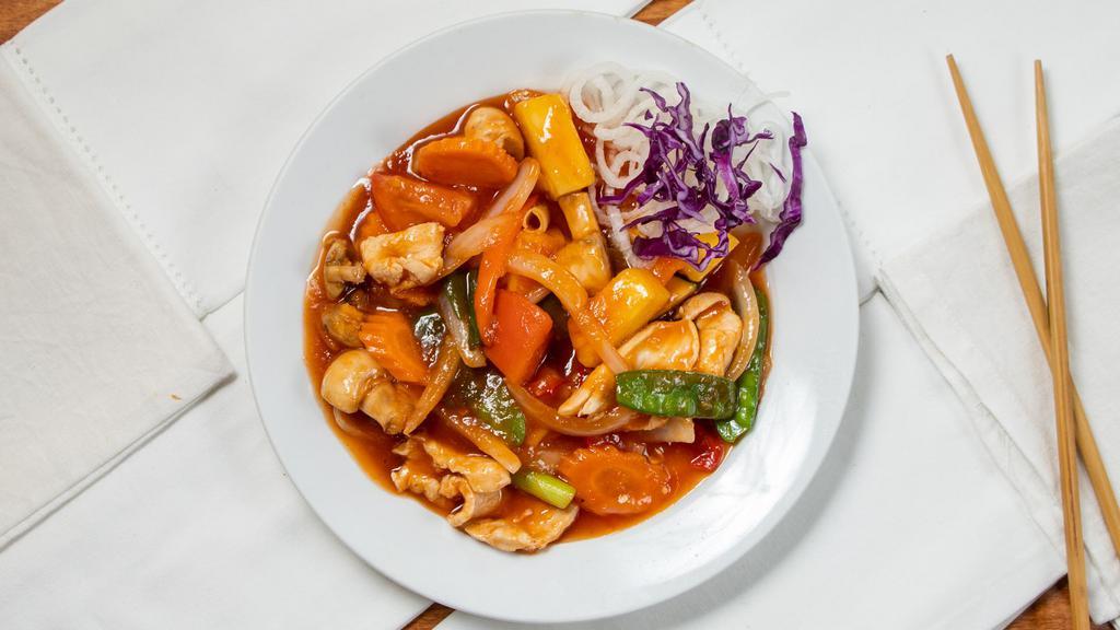 Stir Fried Sweet And Sour · Your choice of protein stir-fried in traditional sweet and sour sauce with bell peppers, tomatoes, pineapple, mushrooms, onions, scallions, and carrots.