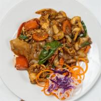 Pad Kee Mow (Drunken Noodle) · Stir-fried flat rice noodles with bell peppers, onions, chili paste, eggs, tomatoes, carrots...
