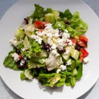 Small Greek Salad · Mixed greens with chopped tomatoes, cucumbers, kalamata olives, onions, and feta cheese. Ser...