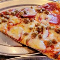 Slice Meat Lovers · Thin-crust slice with pepperoni, Canadian bacon, sausage, and hamburger.