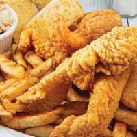 Fried Fish Platter · 5 strips of lightly battered Southern fried fish. Served with seasoned fries and coleslaw.