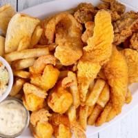 Seafood Platter · 4 large tail-on shrimp, 5 strips of fried catfish and 5 crispy fried oysters. Served with se...