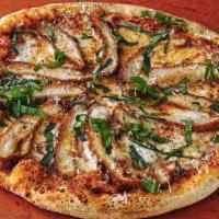 The Chicken Capulet · Pizza sauce, shredded mozzarella, provolone, fried chicken, grated parmesan and basil.. Cont...