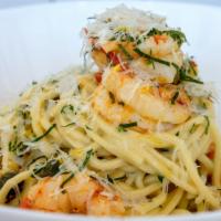 Shrimp Scampi · Spaghetti, White Wine, Lemon Butter, Capers