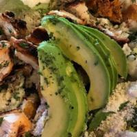 Avocado Grilled Chicken Caesar Salad · Grilled chicken served over Romaine lettuce tossed with Parmesan Caesar dressing, croutons, ...