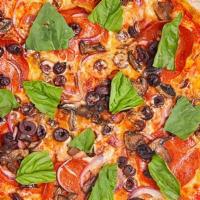 Supremo Pizza · Creminelli pepperoni, nitrate-free bacon, kalamata olive, roasted mushroom, red onion, fresh...