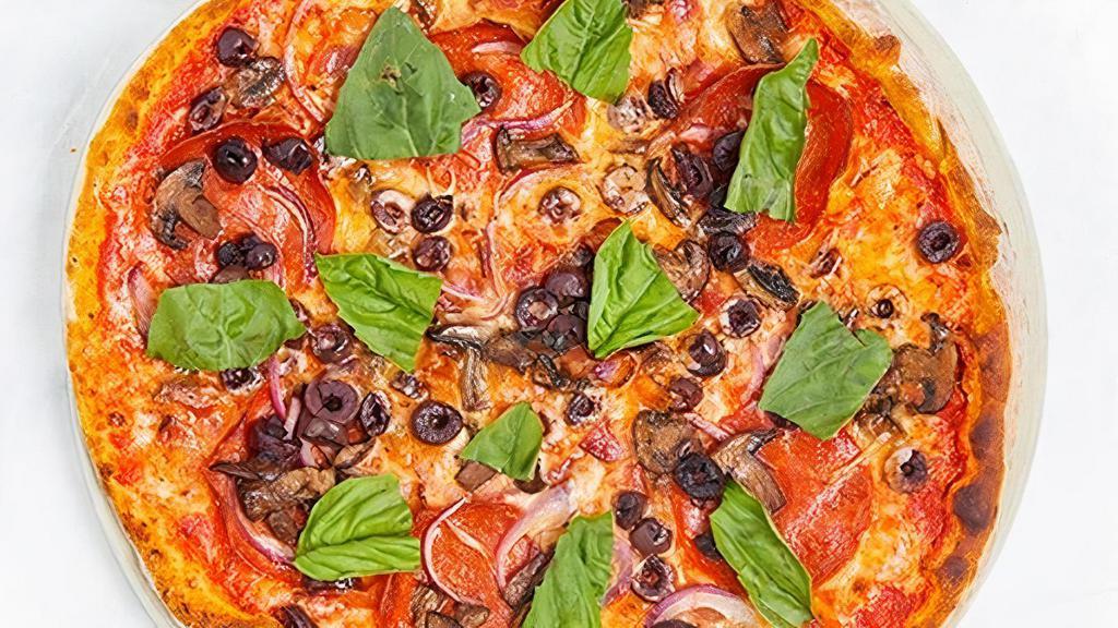 Supremo Pizza · Creminelli pepperoni, nitrate-free bacon, kalamata olive, roasted mushroom, red onion, fresh basil, whole milk mozzarella, red sauce