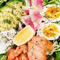 Keto Smoked Salmon Bowl · Sustainable smoked salmon, avocado, cage-free hard boiled egg, watermelon radish, red onion,...