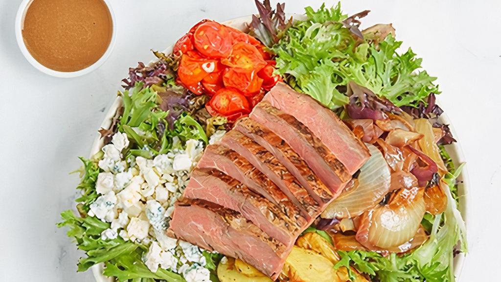 Flatiron Salad · Mixed greens, 100% grass-fed steak, roasted fingerling potato, roasted cherry tomato, blue cheese, roasted onion,. basil balsamic vinaigrette