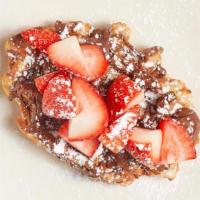 Strawberry Nutella Waffle · Belgian Pearl Sugar waffle, fresh strawberries, Nutella, powdered sugar
