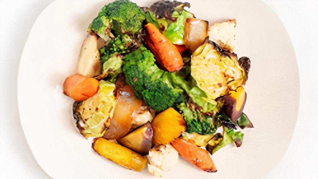 Fire Roasted Veggies · fire roasted broccoli, cauliflower, organic rainbow carrot, charred onion, asparagus