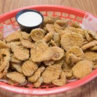 Fried Pickles · Breaded dill pickle chips, fried crunchy and delicious, and served with ranch.