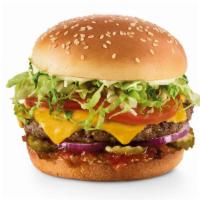 Red Robin Gourmet Cheeseburger · Red's pickle relish, red onions, pickles, lettuce, tomatoes, mayo, and cheese. 770-840 cal.