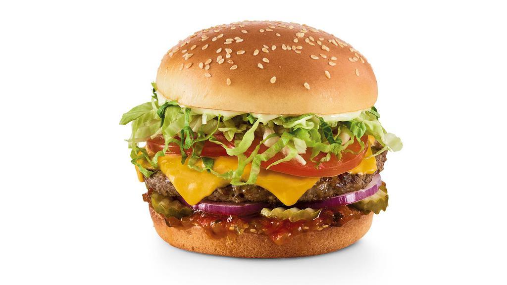 Red Robin Gourmet Cheeseburger · Red's pickle relish, red onions, pickles, lettuce, tomatoes, mayo, and cheese. 770-840 cal.