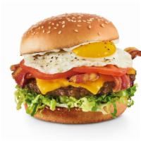 Royal Red Robin Burger® · Hardwood-smoked bacon, egg, American cheese, lettuce, tomatoes and mayo. 1110 cal.