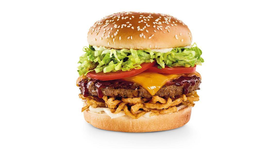 The Whiskey River® Bbq · Whiskey River® BBQ Sauce, crispy onion straws, Cheddar, lettuce, tomatoes & mayo. Cal 1140.