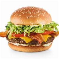 Bacon Cheeseburger · Hardwood-smoked bacon, lettuce, tomatoes, mayo, and cheese. 960-1030 cal.