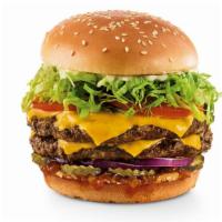 Monster Burger · Two Gourmet patties, cheese, red onion, Red’s Pickle Relish, pickles, shredded lettuce, toma...