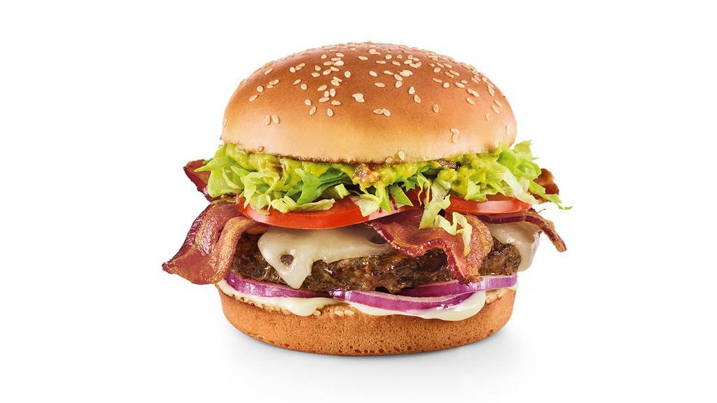 Guacamole Bacon · Housemade guac, hardwood-smoked bacon, swiss, onion, lettuce, tomatoes, and mayo. 930 cal.