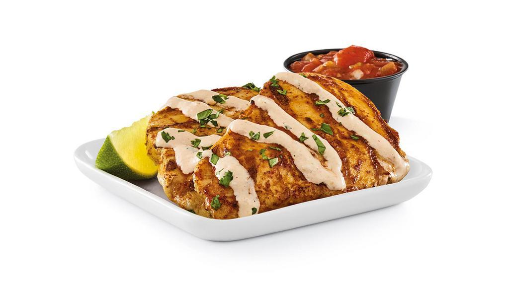Ensenada Chicken™ Platter · Two ancho-grilled chicken breasts, house-made salsa & salsa-ranch dressing. Served with side. Cal 210.