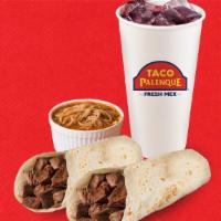 Combo Fajitas Tacos · This combo comes with two beef fajita tacos, a ﬁdeo soup and drink