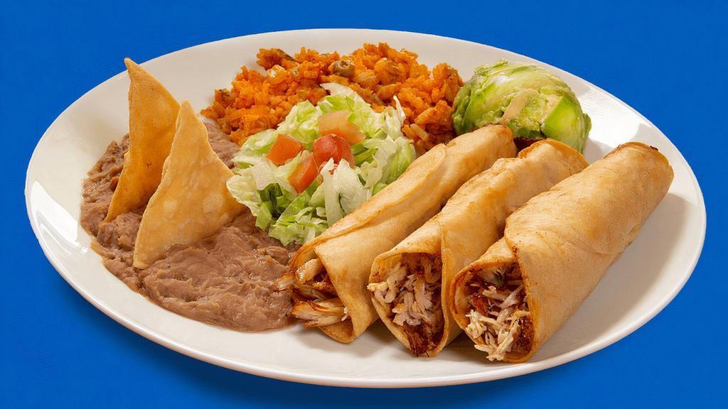 Plate Flautas Ck Guisada · These three deep-fried rolled corn tortillas come ﬁlled with chicken guisada, garnished with fresh lettuce and tomato, guacamole, Mexican red rice, refried beans and cool sour cream.