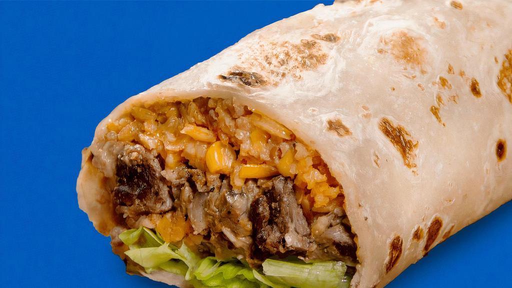 Beef Fajitas Burrito · Our signature dish wrapped in a soft ﬂour tortilla and served sizzling hot, filled with cheddar cheese, refried beans, Mexican red rice, lettuce, avocado sauce and a strip of Anaheim pepper. We know you’ll be ordering a second one!