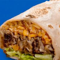 Sirloin Burrito · A burrito of ﬂour tortilla stuﬀed with sirloin, cheddar cheese, refried beans, Mexican red r...