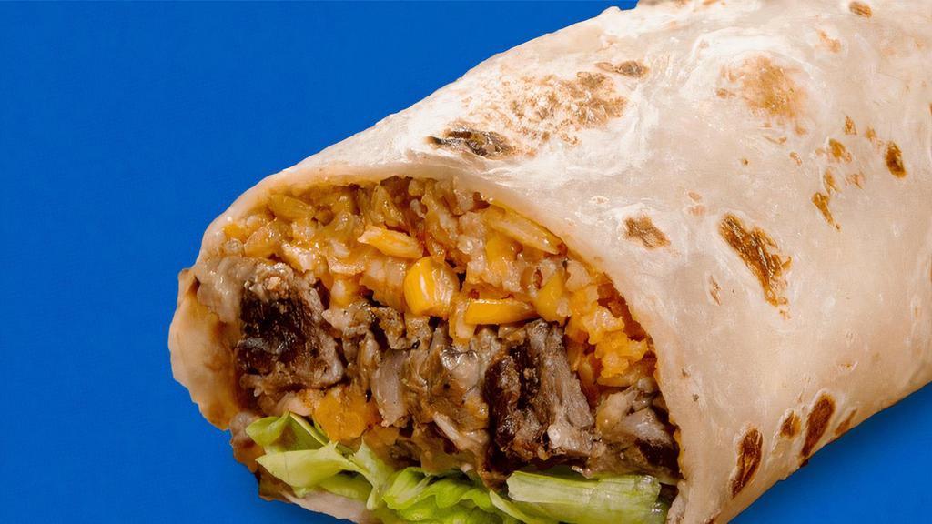 Sirloin Burrito · A burrito of ﬂour tortilla stuﬀed with sirloin, cheddar cheese, refried beans, Mexican red rice, lettuce, avocado sauce and a strip of Anaheim pepper.