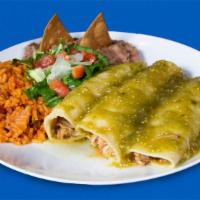 Enchiladas Verdes (Chicken) · This dish comes with three soft-rolled corn tortillas ﬁlled with cheese (pictured with chick...