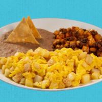 Potato & Egg Plate · Our scrambled potato and egg is served with refried beans and a side of our breakfast potato...