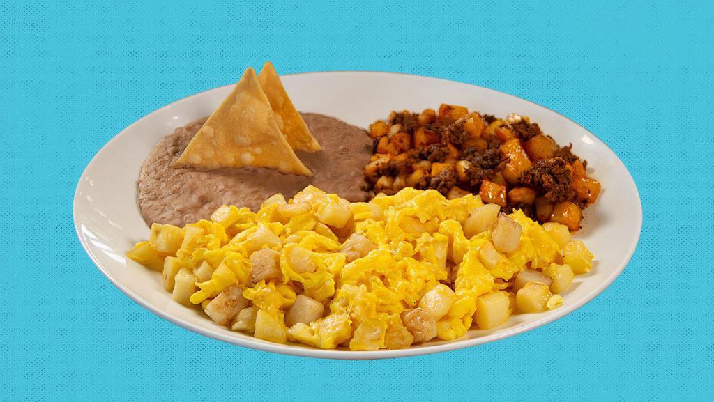 Potato & Egg Plate · Our scrambled potato and egg is served with refried beans and a side of our breakfast potato and chorizo mix.